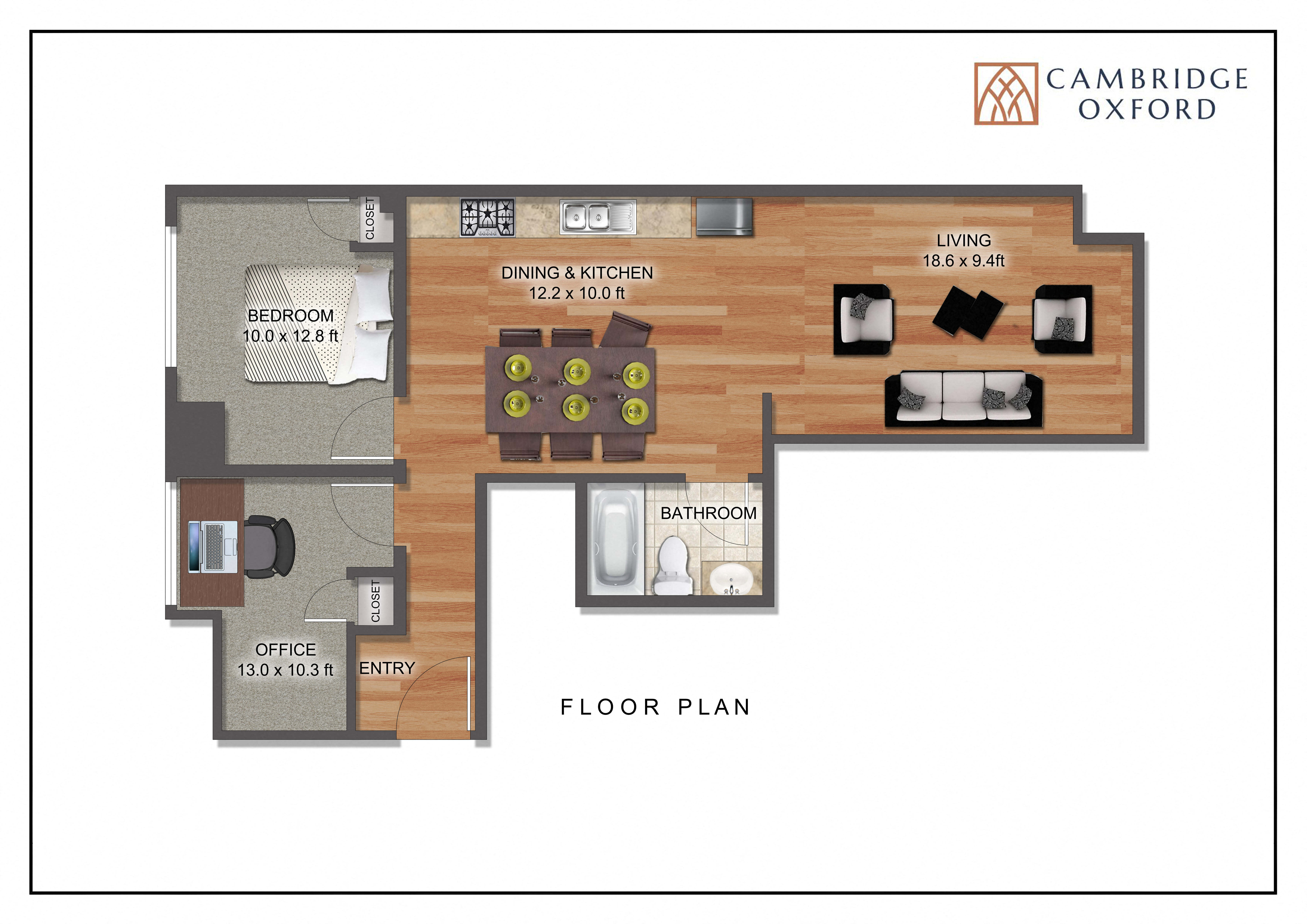 Floor plan for 1 bed, 1 bath, 700 sqft